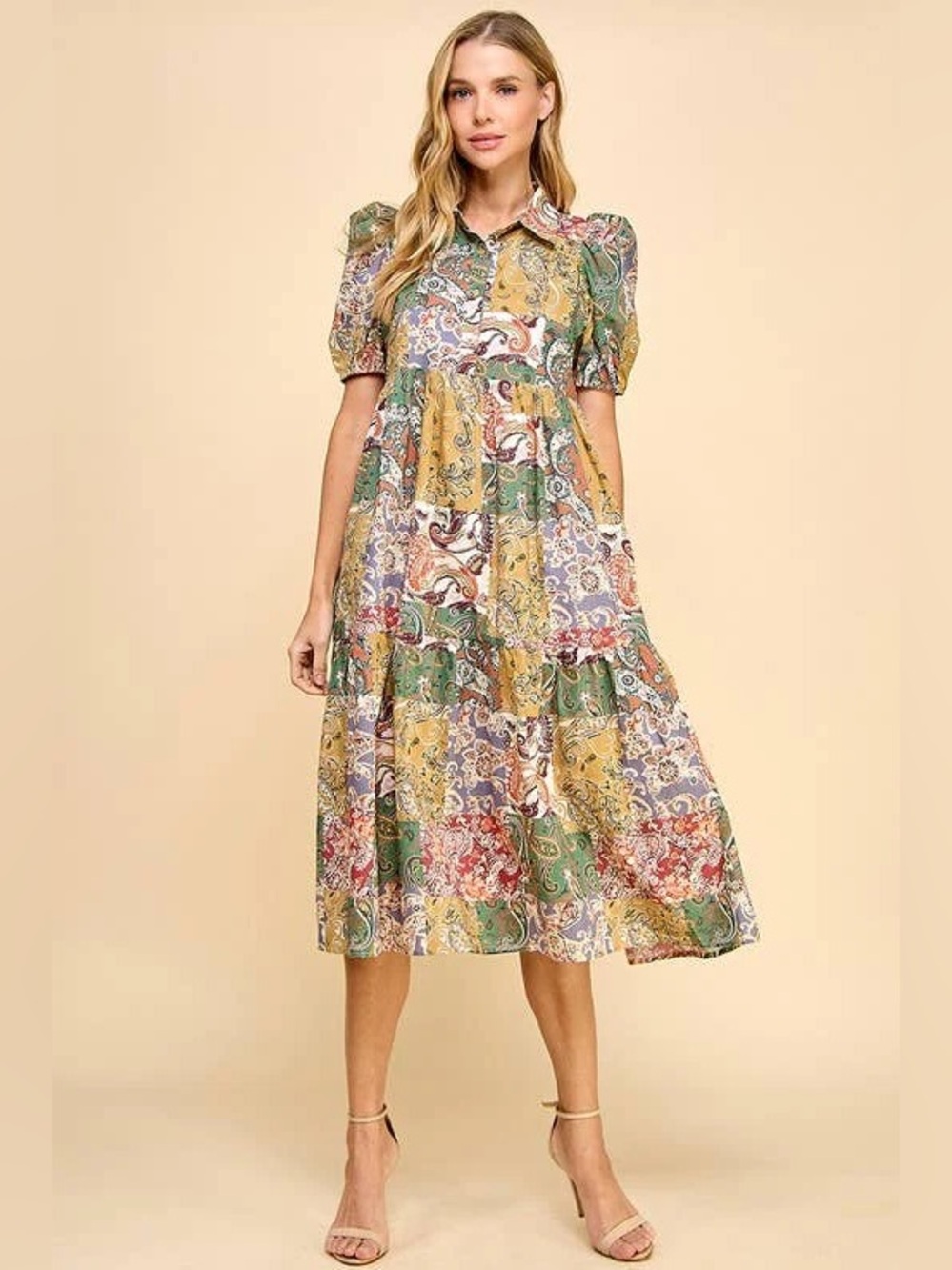 Bohemian Patchwork Midi Dress in Multi-Color